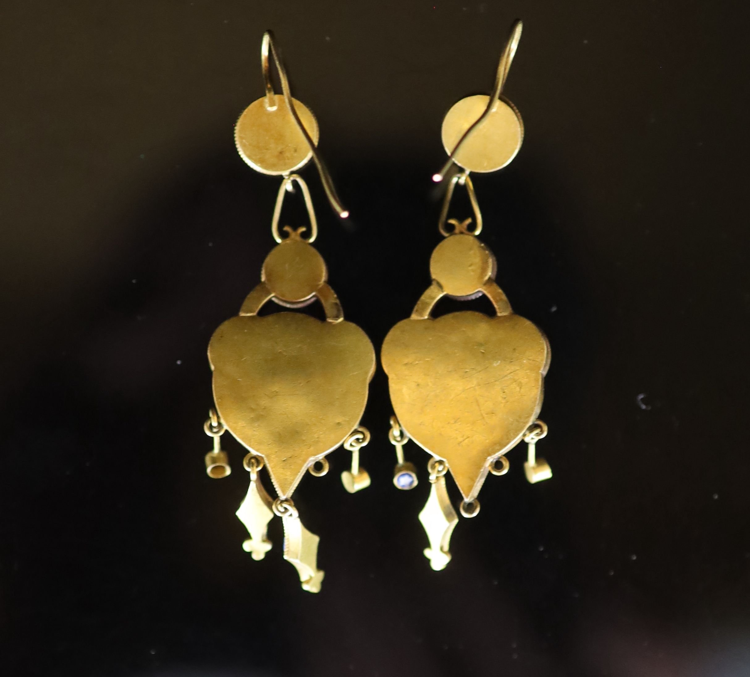 A good pair of Victorian Egyptian revival gold and micro mosaic set drop earrings